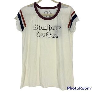 Chaser Graphic Tee "Bonjour Coffee" Short Sleeve Tee White Cotton Medium NEW